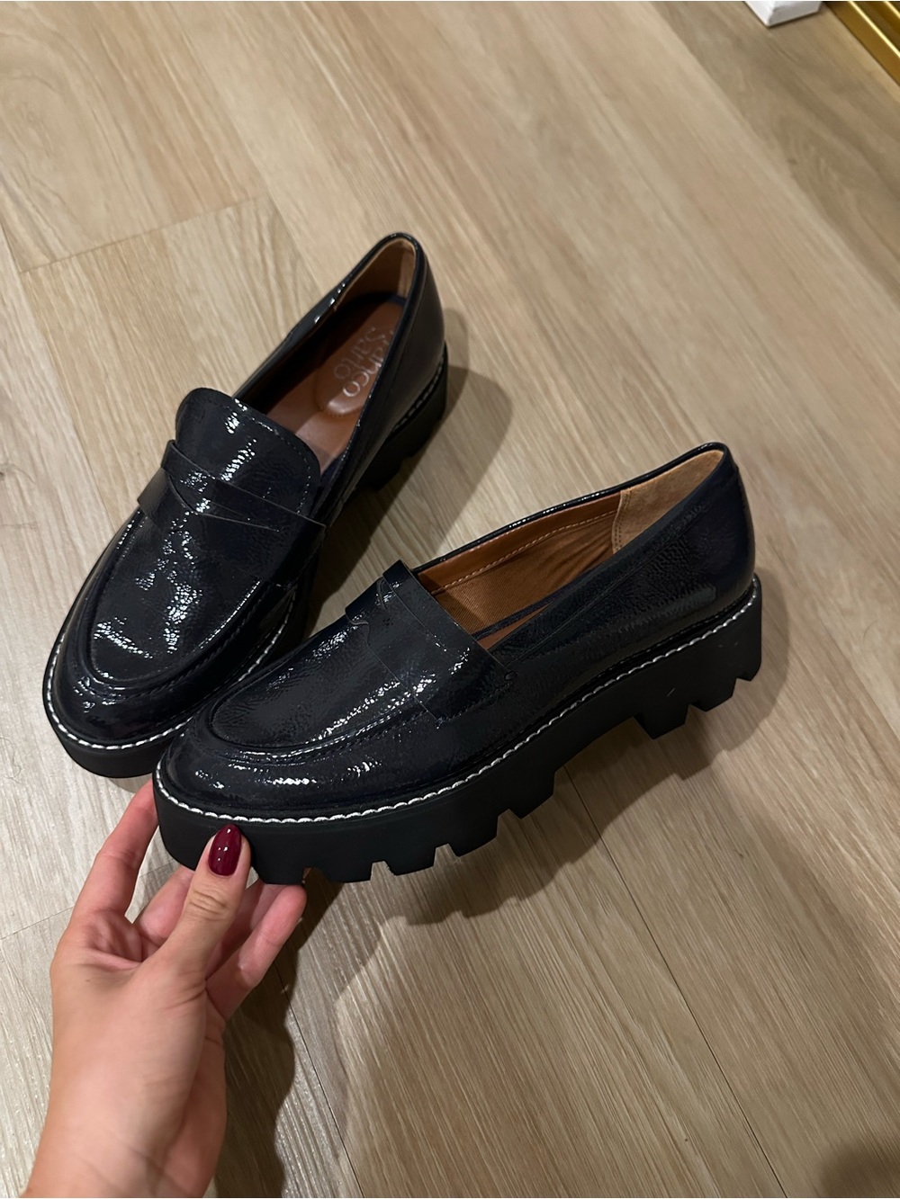 Franco Sarto Black Patent Lug Sole Loafers